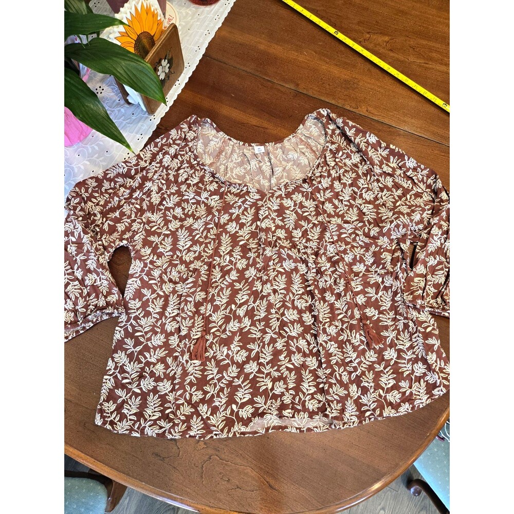 Old Navy Women's Brown White Floral Round Neck Tie Tassel Long Sleeve Blouse XXL